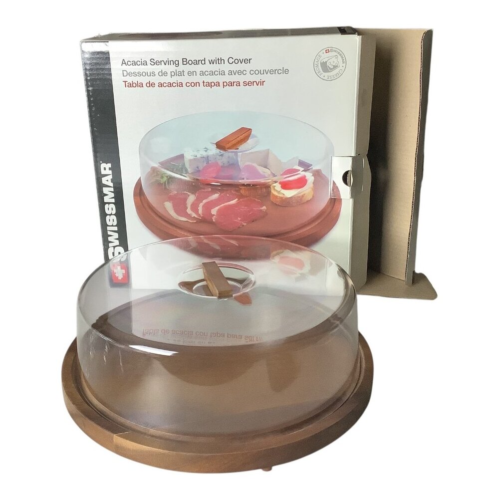 Swissmar Acacia Round Serving Board With Clear Serving Dome‎ Cover